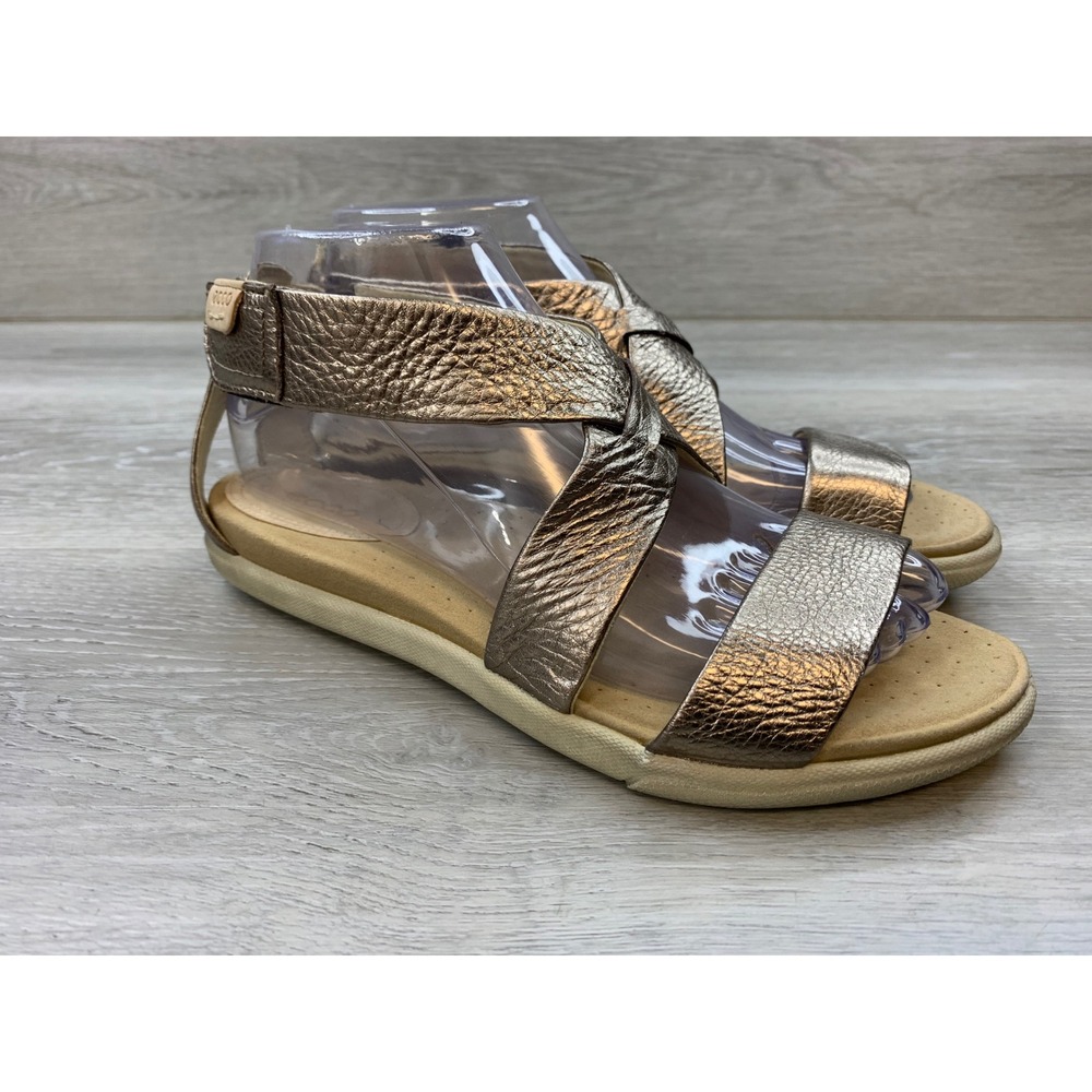 ECCO Women's Ankle Strap Sandals Gold Leather Flat Comfort Casual Shoes 6.5